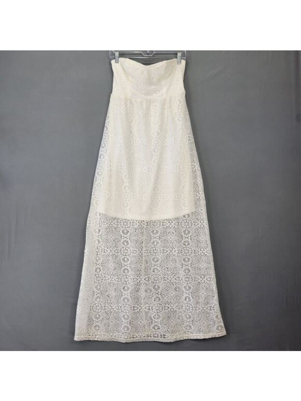 Vanity White Lace Maxi Dress Stretch Strapless Casual Gown Pull-On Womens Size M